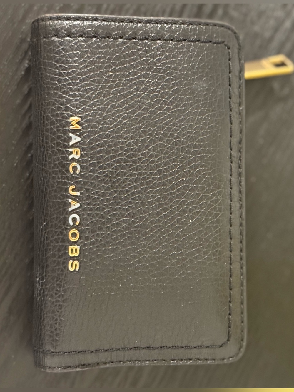 Marc Jacobs Black Leather Compact Zip Card Wallet with Gold Logo
